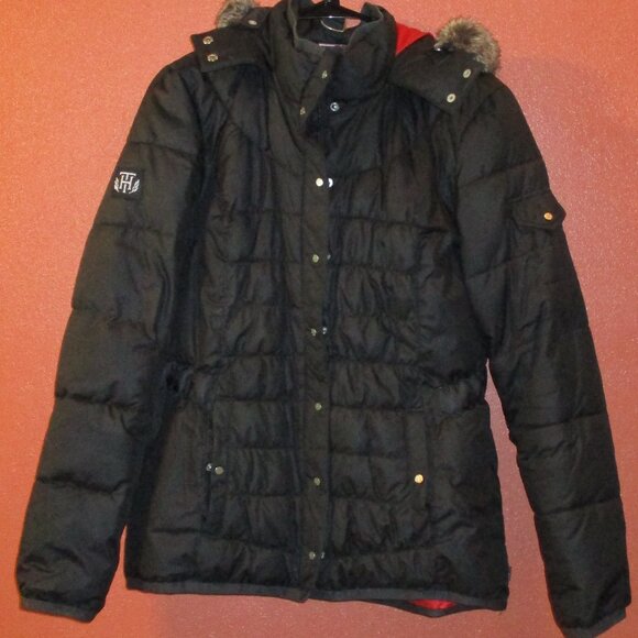Tommy Hilfiger Woman Medium Black Red Brown Full Zip Faux Fur Hooded Coat - Picture 1 of 10